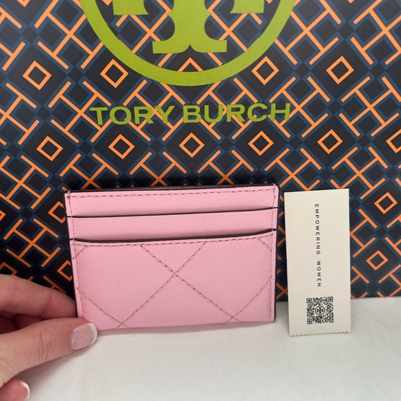 Tory Burch Willa Soft Quilt Slim Card Case Pink Plie Silver Barbie Barbiecore - Picture 2 of 7
